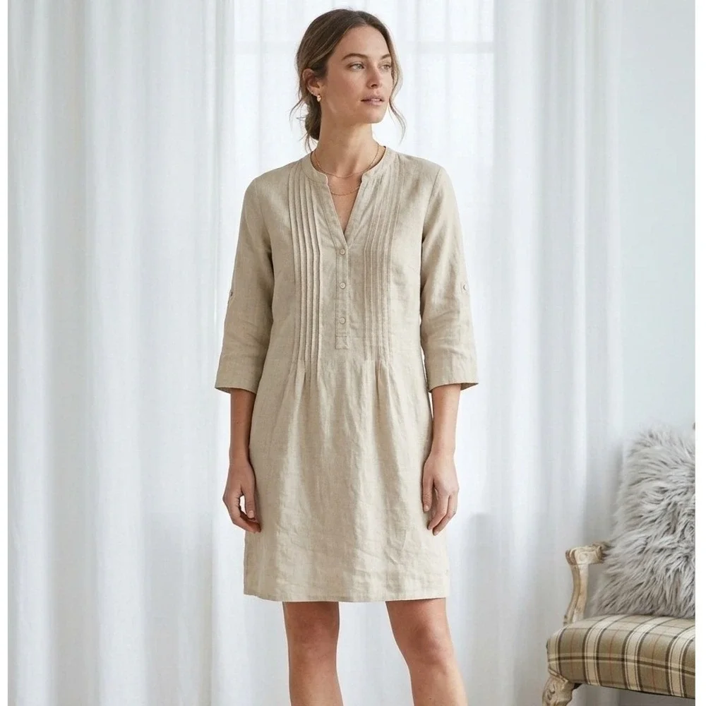 J. McLaughlin Linen Tunic Dress Beige Pintuck Roll Tab Sleeve XL - Picture 1 of 9